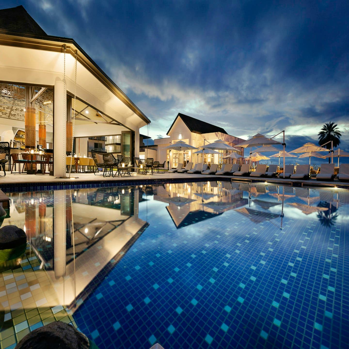 Seabreeze Resort pool at dusk